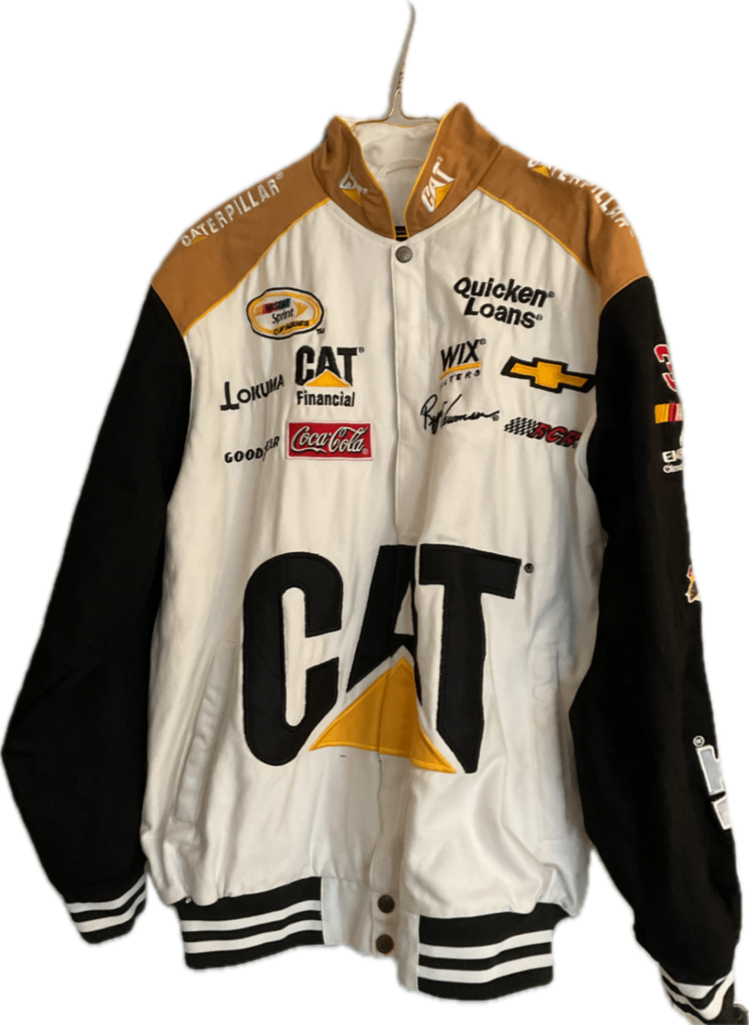 Vintage Cat NASCAR, Jacket, JH Design voll bestickt, seltene Sprint Cup Ära. Weißer CAT-Look. In ungewöhnlich gutem Zustand, Sammlerstück und Statement-Piece.