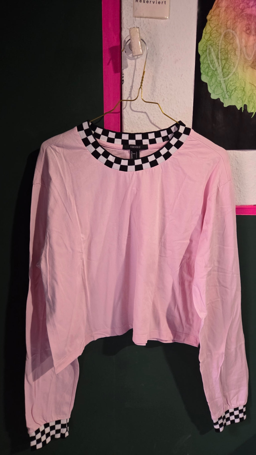 Y2K Forever 21 Sweatshirt crop L Hellrosa mit Schachmuster Akzenten